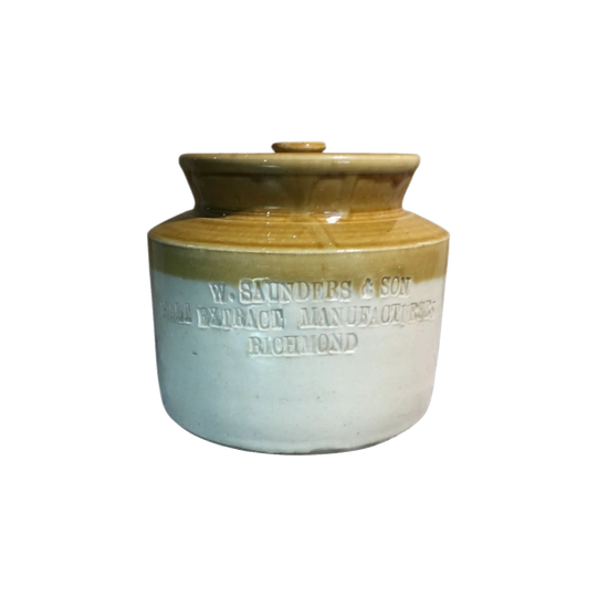 Australian stoneware jar and cover, advertising W.SAUNDERS & SON c. 1900