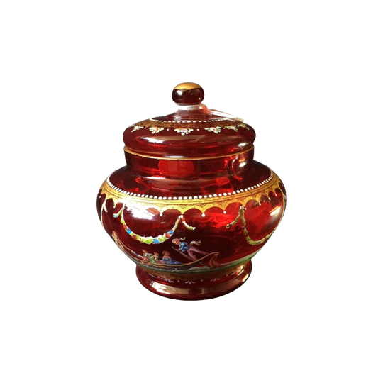 Moser ruby glass covered jar, 'Venetian' scenes, c.1925