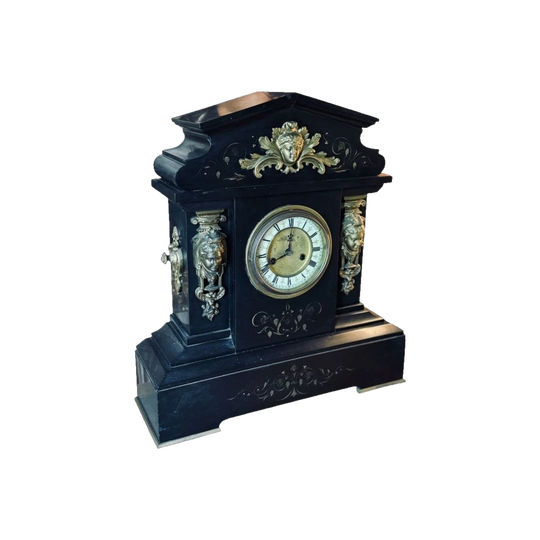 Late 19th-Century French Black Slate Mantel Clock with Ormolu Mask Heads and Porcelain Dial