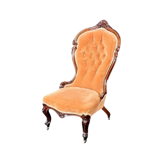 Antique English Mid‑Victorian Ladies / Slipper Chair, Solid Walnut High‑Back, Louis XV Influence (1850s)