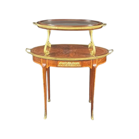 French 1930s Art Deco Period Revival Oval Etagere with Removable Mahogany Tray, Amboyna and Gilt Bronze Mounts
