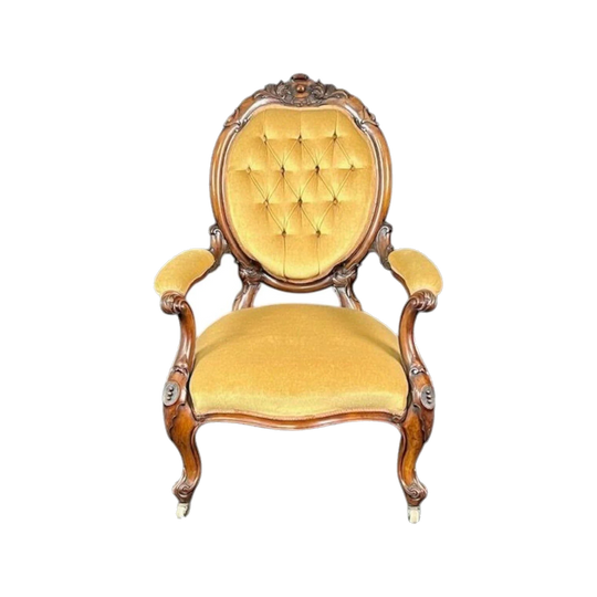Antique English Early Victorian Walnut Fauteuil Salon Lounge Chair, c.1850, Louis XV Style