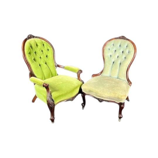 Pair of English Victorian Walnut Ladies’ and Gentleman’s Chairs in the Louis XV Manner, c.1850–55