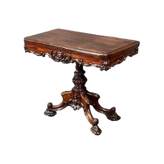 Antique English William IV Rosewood Card / Games Table with Swivel Fold-Over Top and Baize Playing Surface
