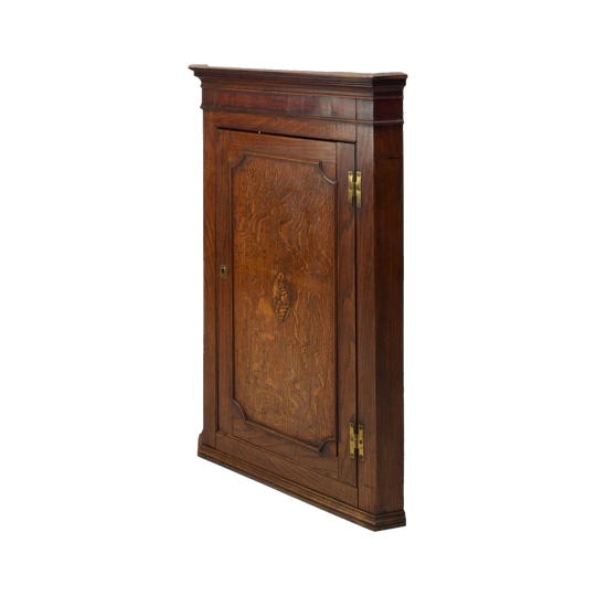 Antique English George III Oak Hanging Corner Cupboard, 18th Century, Fruitwood Inlay