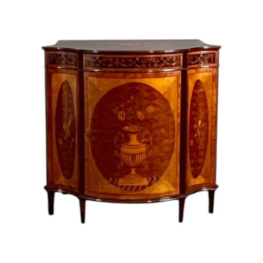 Antique English Late Victorian George III Revival Serpentine Side Cabinet, c. 1895–1900, Mahogany & Satinwood Marquetry, Sheraton Manner