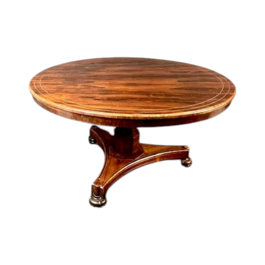 English Regency–George IV Brass-Inlaid Rosewood Circular Tilt-Top Pedestal Centre/Dining Table, c. 1820
