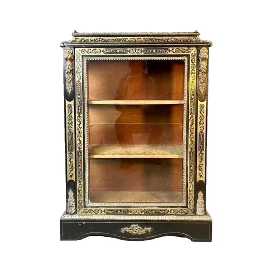 French 19th Century Boulle-Style Ebonised Display Cabinet with Brass Inlay and Bronze Mounts
