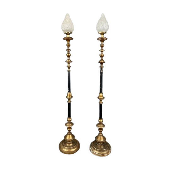 Antique Pair of Ebonised and Gilt Turned Wood Torcheres (Floor Lamps) with Brass Galleries and Frosted Flame Shades, Early 1900s