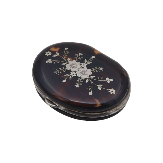Ladies tortoiseshell coin purse inlaid with silver flowers