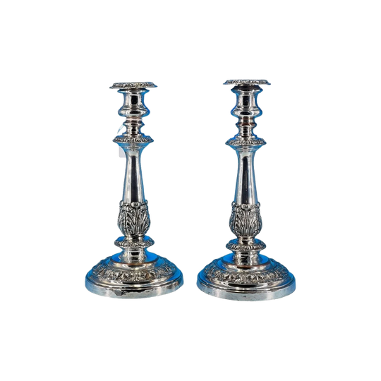 Old Sheffield Plate pair of candlesticks of generous size, C. 1820