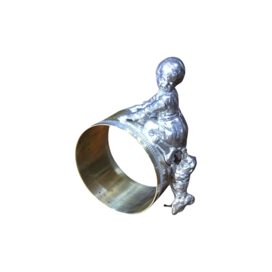 Victorian silverplate napkin ring, child &amp; dog, c. 1890