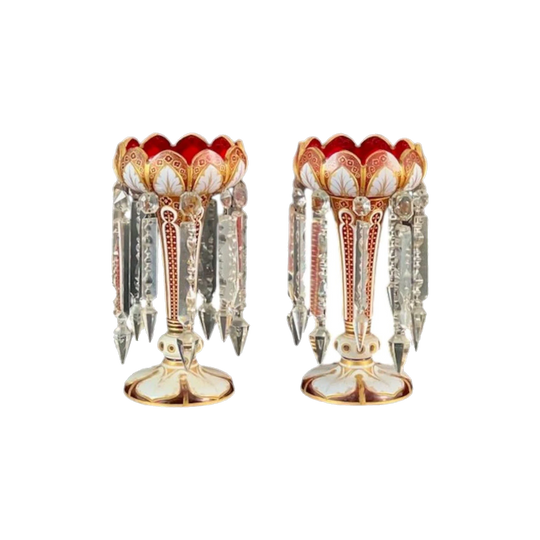 Pair of Victorian Lustre Vases in Ruby Cased White Overlay with Gilt and Hand-Cut Crystal Prisms, 1850–1855, Attributed to Moser