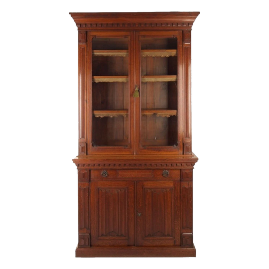 Antique English Victorian Solid Oak Two-Height Bookcase / Display Cabinet, Renaissance Gothic Revival, Late 19th Century
