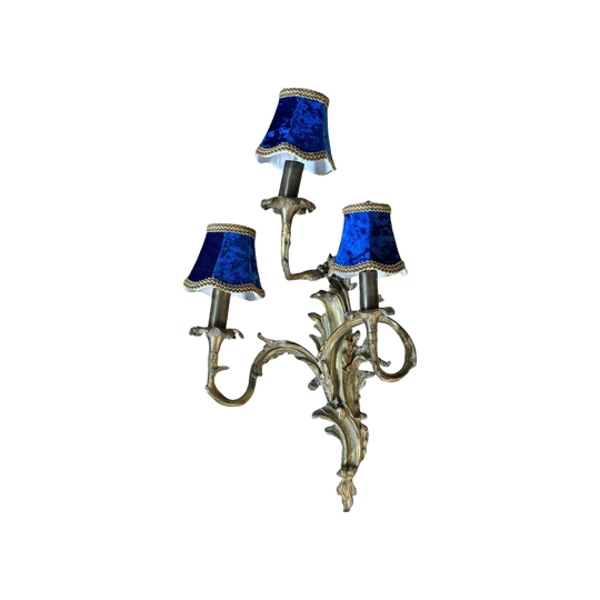 Antique French Louis XV Rococo Gilt Bronze (Ormolu) Three-Arm Wall Sconces, Pair with Royal Blue Crushed Velvet Shades