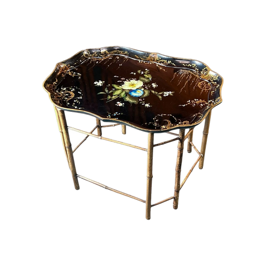 English Regency black lacquer papier mache tray with superb flowers, bamboo legs, c. 1825