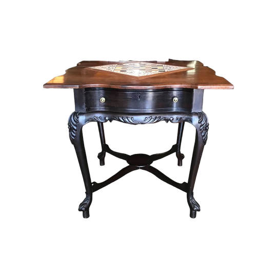 Anglo-Indian Teak Chess table with inlaid alabaster board, twin drawers, c. 1895
