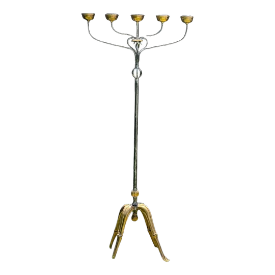Vintage Wrought Iron & Brass Standing Five-Light Candelabra