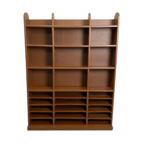 Mid-Century Painted Brown Bookcase with Cube Shelves and Pigeon Hole Storage