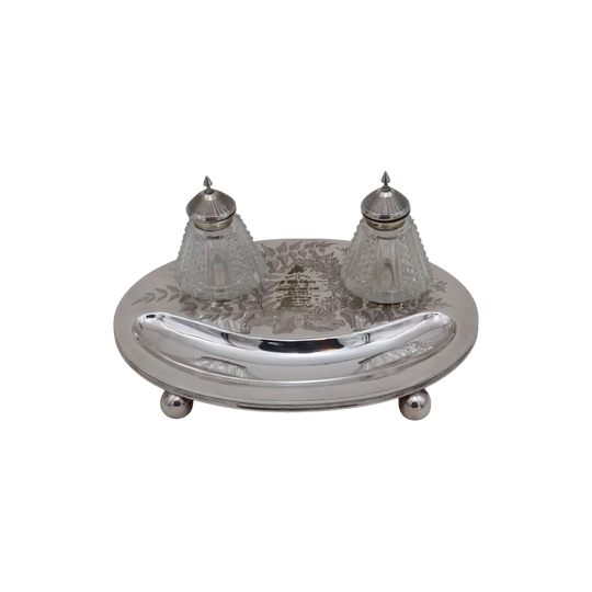 Engraved silver plate and glass inkstand South Australia 1888