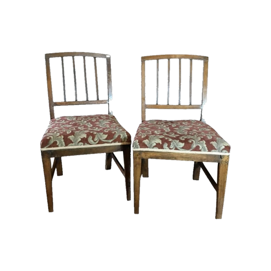 Pair of English elm country chairs with stringing to the splats