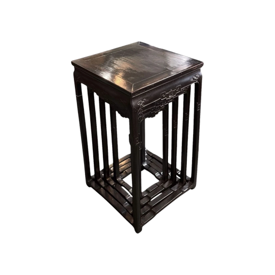 Chinese hardwood nest of 4 square tables with carved rails, late Qing, c. 1900
