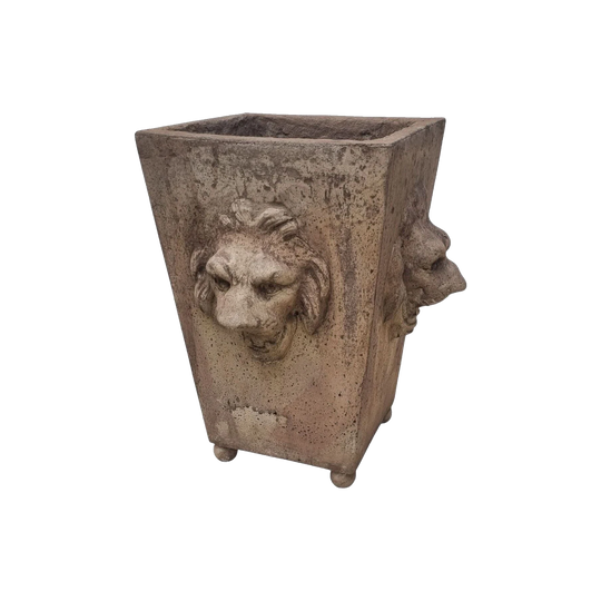 Vintage Italian Cast Stone Lion Head Garden Planter Pots, Tapered on Ball Feet