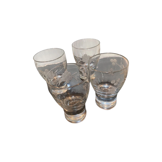 Set of 4 Mid-Century Crystal Beer Glasses, Flower-Etched, Heavy Base