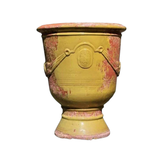 Large Old French Anduze Terracotta Garden Pot in Yellow Glaze, Maker's Stamp