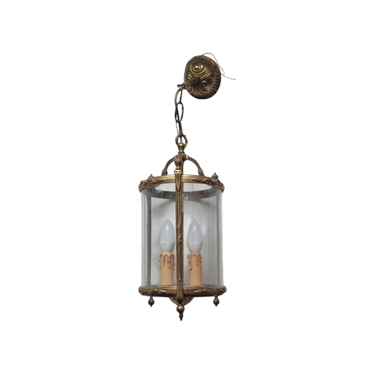 Vintage French Louis XV Style Brass Cylindrical Hall Lantern with Three Curved Glass Panels, Two-Light