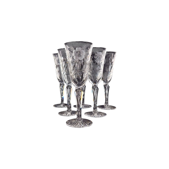 Set of Six Engraved Champagne Flutes by Len Postins, Stourbridge