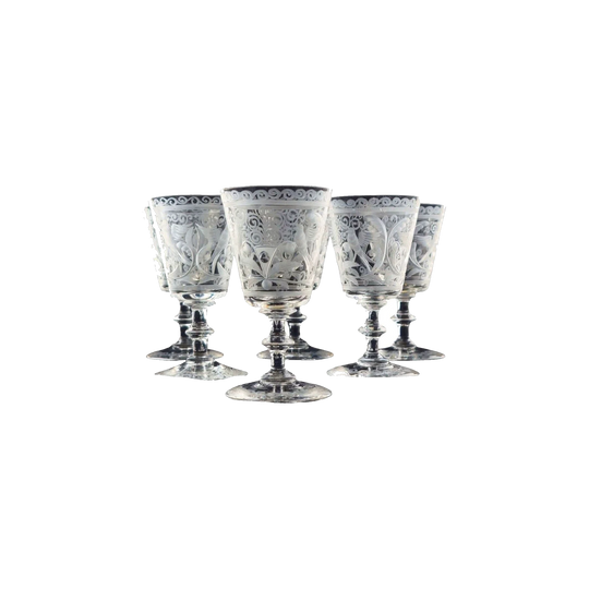 Set of Six Engraved Port or Sherry Glasses, Birds & Branches Pattern — After 18th‑Century Examples