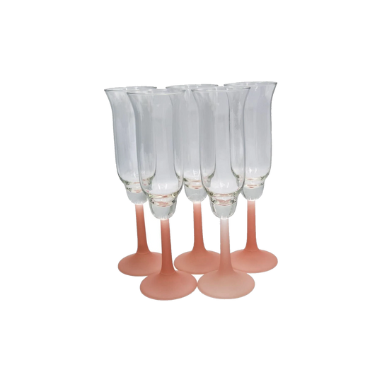 Vintage Frosted Pink Stemmed Tulip Shaped Champagne Flutes