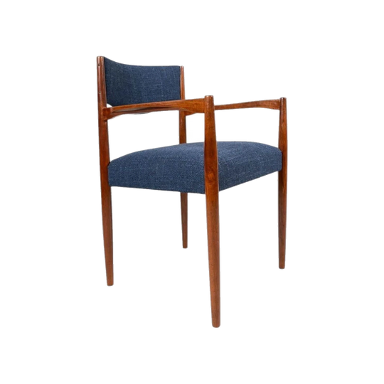 Parker 1970s Carver Dining Chairs, Set of 4 – Teak, Restored, Warwick ‘Cumberland’ Upholstery