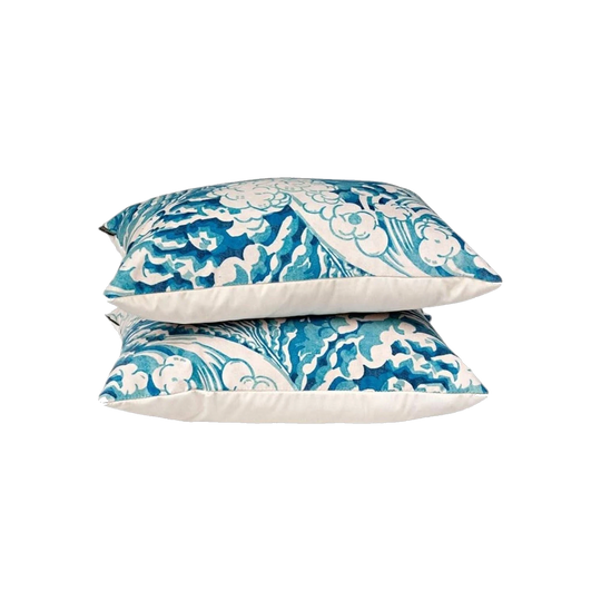 Minakami Velvet Cushions by Linwood, Japanese Waves Block-Print, Cream Velvet Reverse, 53 x 37 cm