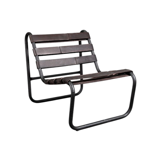 Brutalist Tubular Chair – One-Off Redesign with Matte Black Powder-Coated Metal Frame and Leather Strap Seat