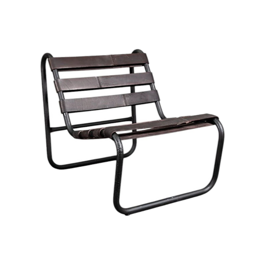 Brutalist Tubular Chair – One-Off Redesign with Matte Black Powder-Coated Metal Frame and Leather Strap Seat