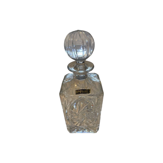 Irena Hand-Cut Lead Crystal Square Whisky Decanter with Ribbed Ball Stopper, Vintage, Poland