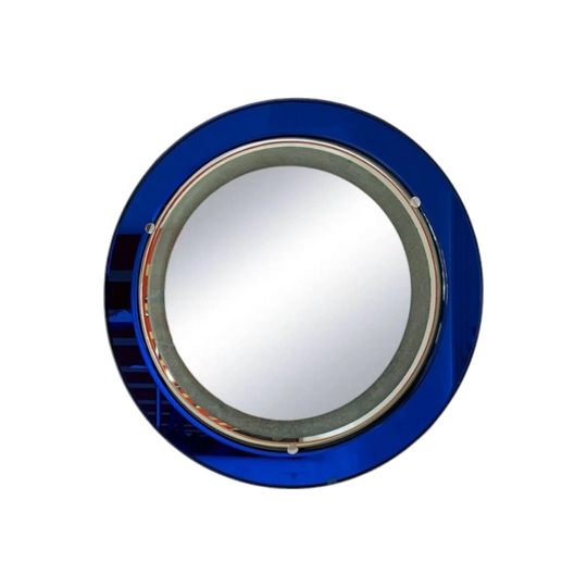 Large Circular Illuminated Wall Mirror for Cristal Arte, Italy, 1960s – Electric Blue Glass, 72 cm