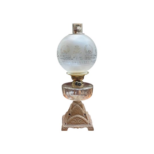 Antique Clear Glass and Cast Iron Table Lamp with Brass Fittings, circa 1900
