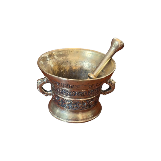 19th-Century Heavy Brass Mortar with Three Pestles