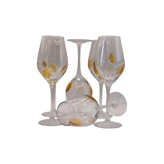 Tall stemmed Wine Glasses with Amber Dots. Set of 6