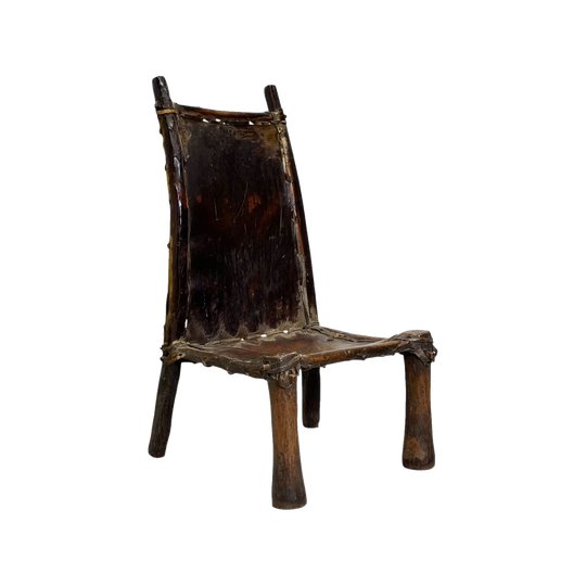Vintage Ethiopian Tribal Handmade Low Chair with Hide and Organically Shaped Legs