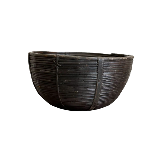 Dark Indian Bamboo Round Basket with Metal Detailing
