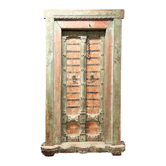 Vintage Rajasthan Painted Carved Door with Door Jamb and Handmade Brass Hardware