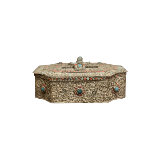 Ornate Nepalese Silver Box with Semi-Precious Stones