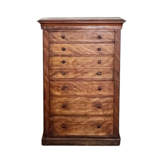 Antique English Victorian Wellington Chest in Satin Mahogany with Secretaire, c.1855