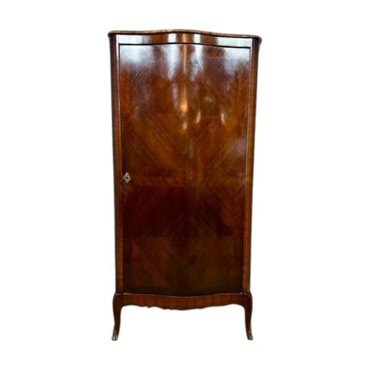 French Marquetry Inlaid Curved-Front Single-Door Cabinet with Rouge Marble Top