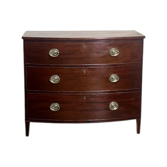 English George III Bow-Front Mahogany Chest of Drawers with Satinwood and Ebony Inlay, Late 18th Century