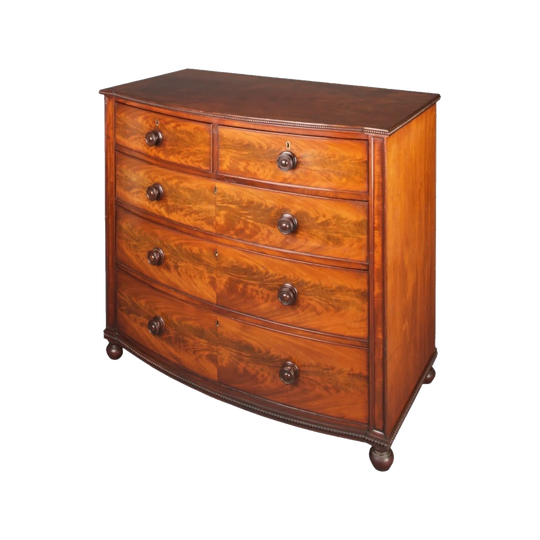 English George IV Mahogany Bow-Front Chest of Drawers, Oak-Lined with Pilasters and Acorn Feet (1830–1837)